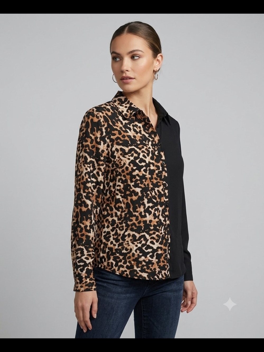 Fashion Nova Black and Brown Leopard Split-Panel Button Down Shirt